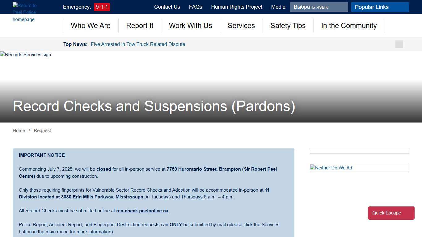 Record Checks and Suspensions Pardons - Peel Regional Police